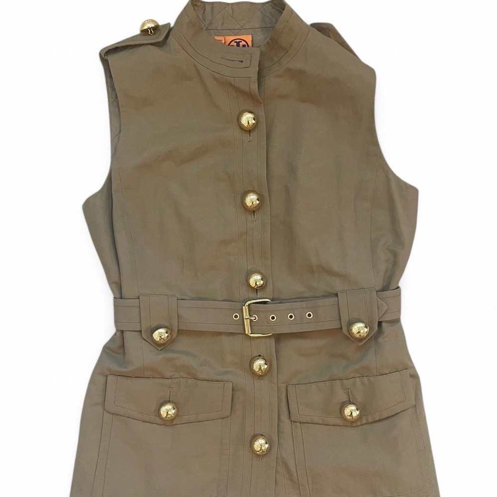 Tory Burch Quilted Tan Vest with Gold Accents